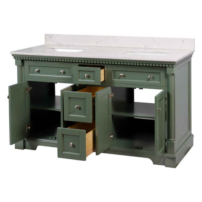 Fossen 60" Double Bathroom Vanity Set with Sage Green Cabinet and Engineered Marble Countertop, Sage Green, Engineered Marble