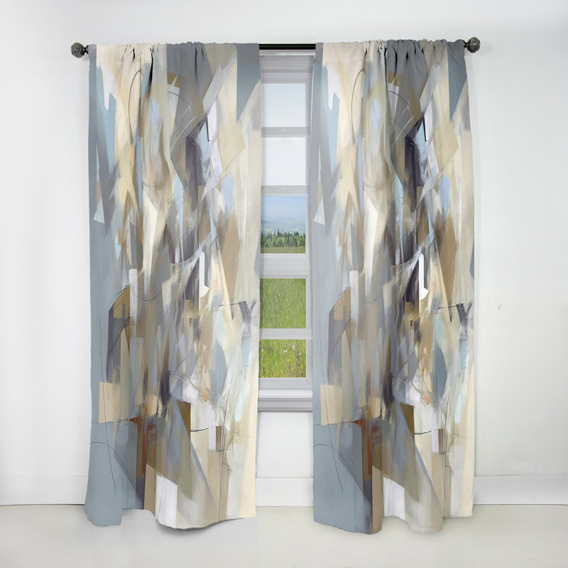Rideau en velours abstrait beige et gris Unounded Creativité III - 1 panneau, L 52 po x L 108 po