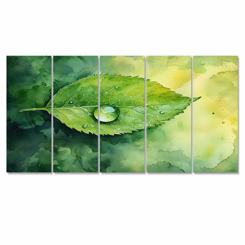 «Green Water Droplet On Lea II» - Art mural sur toile - Art mural traditionnel sur toile, H 28 po x l 60 po, 5