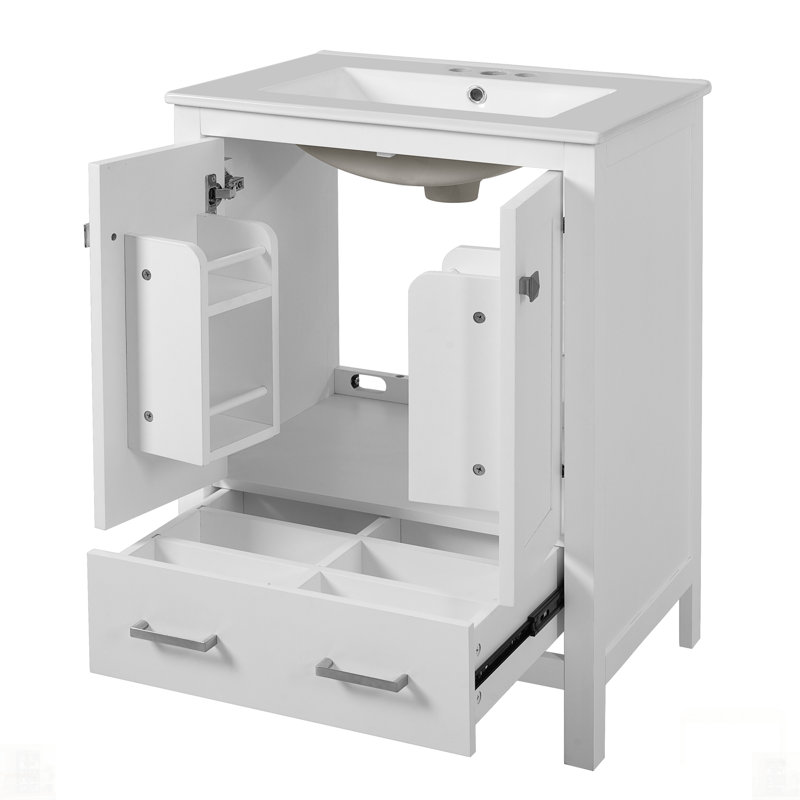 Meuble-lavabo de salle de bain avec lavabo encastré intégré, armoire de rangement, portes à fermeture en douceur, tiroir divisé et tablette à double couche pour un rangement polyvalent