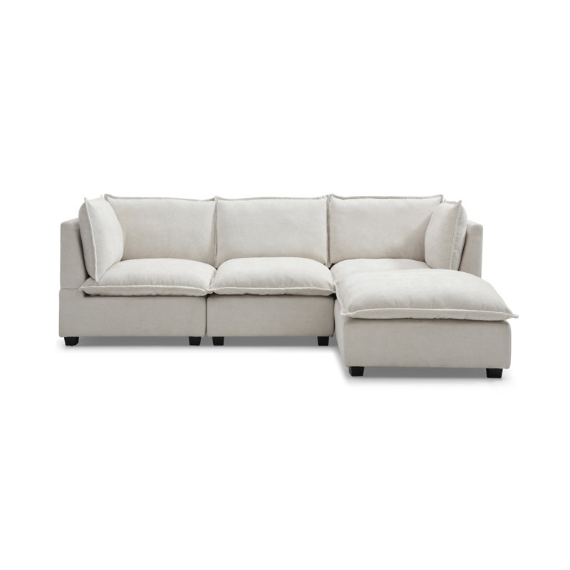 Kellan Modern L-Shaped Sectional Sofa with Convertible Ottoman, Beige Linen