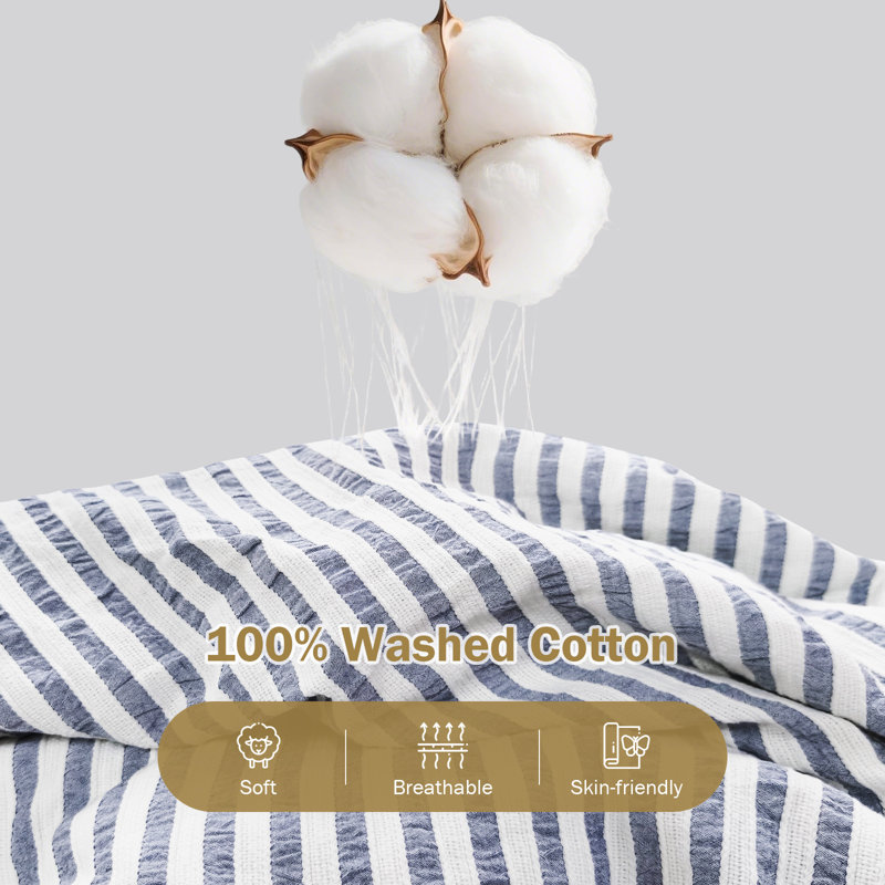 Ensemble de housse de couette rayée en coton délavé avec fermeture à glissière et attaches de coin, King, Navy Blue