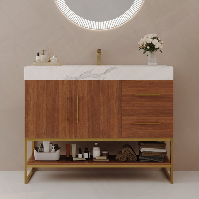 Meuble-lavabo autoportant moderne avec lavabo en céramique sans soudure et décor doré