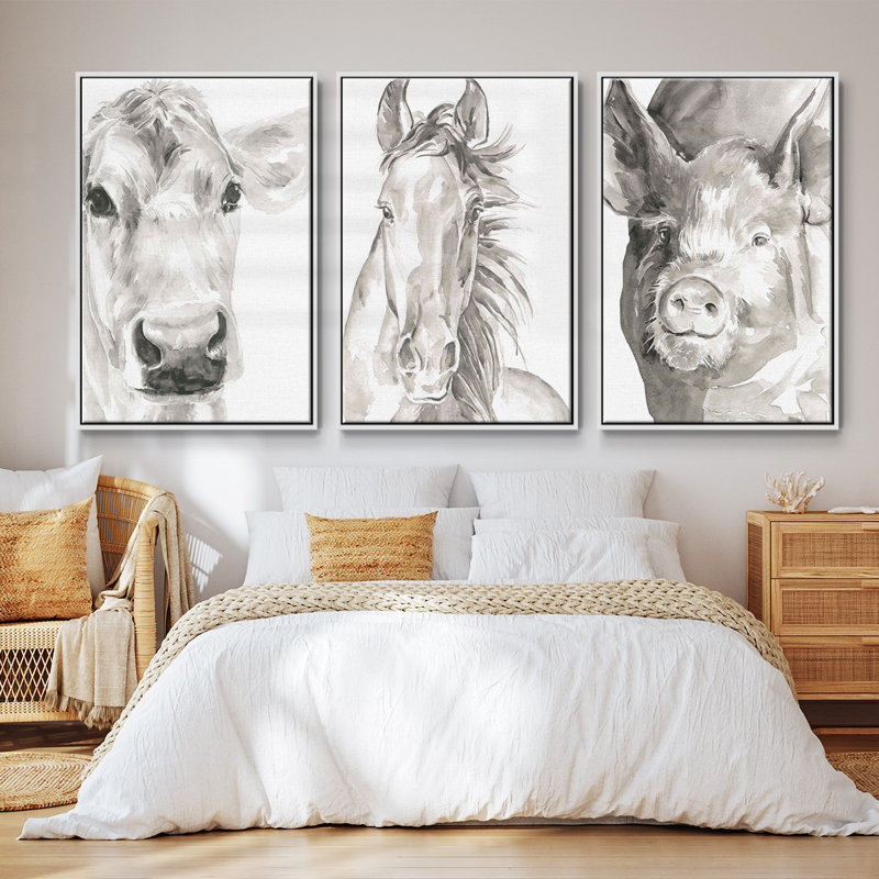 Farm face I, ensemble de 3 toiles encadrées, H 40 po x l 78 po, Cadre blanc