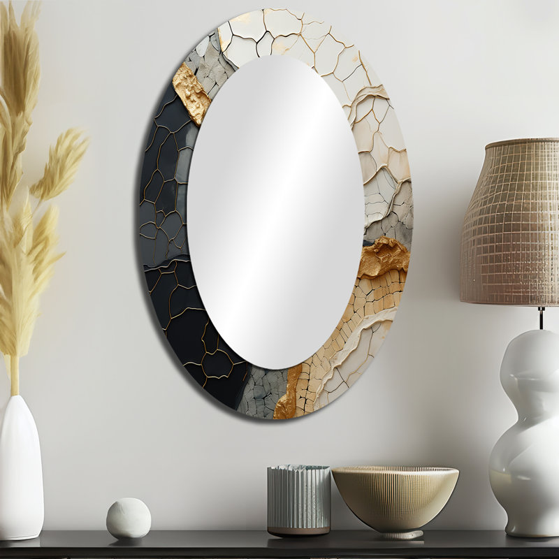 Black Gold Adorned Poteries VII - Abstract Oval Decorative Mirror On Metal, 36" x 24"