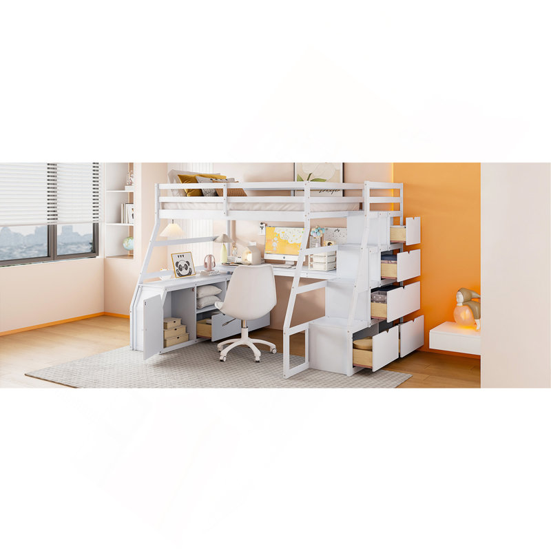 Full Size Loft Bed With 7 Drawers 2 Shelves And Desk, White, Full
