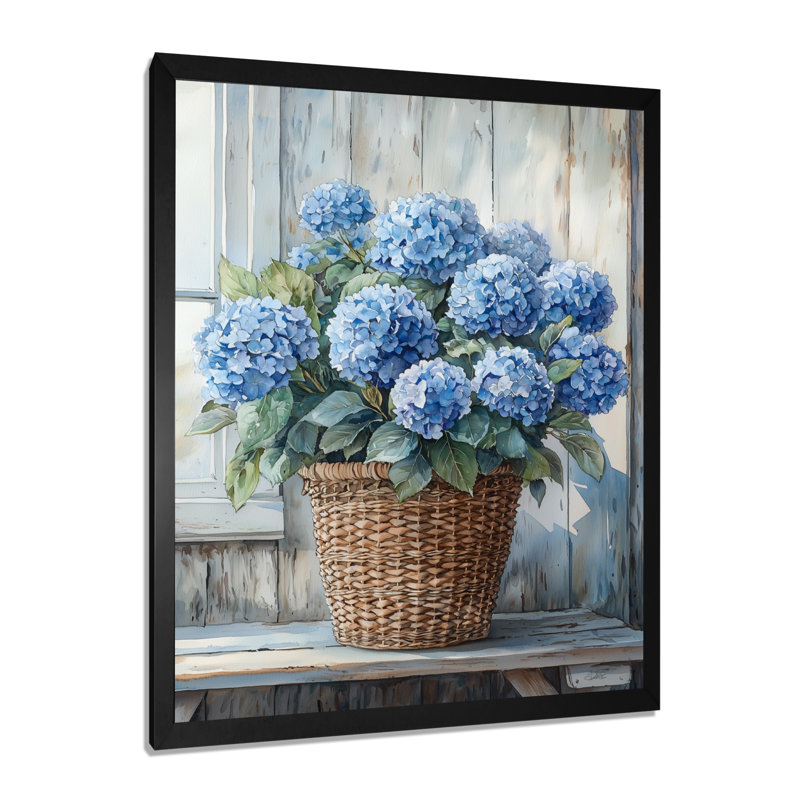 Hortensias dans un panier de ferme I - Art mural floral salon, Noir, noir, noir, noir, H 20 po x l 12 po