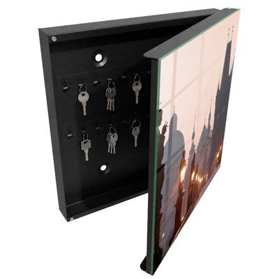 Wall mounted key box, Opens to the right, 30x30x5, White, History in the glow of a lantern at sunset, 