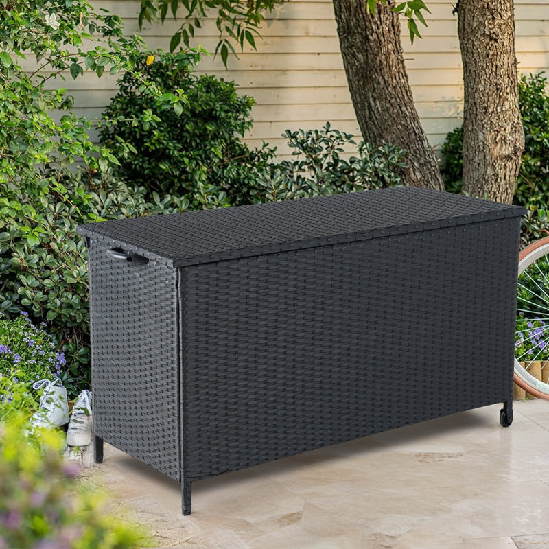 FANGFLOWER 52.25'' W 108 Gallons Water Resistant Wicker Deck Box with Wheels, Black