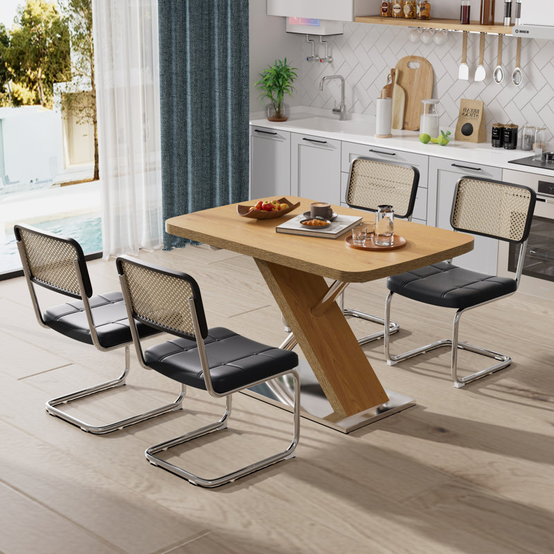 Modern Expandable Space-Saving Dining Table Set, Black, Natural