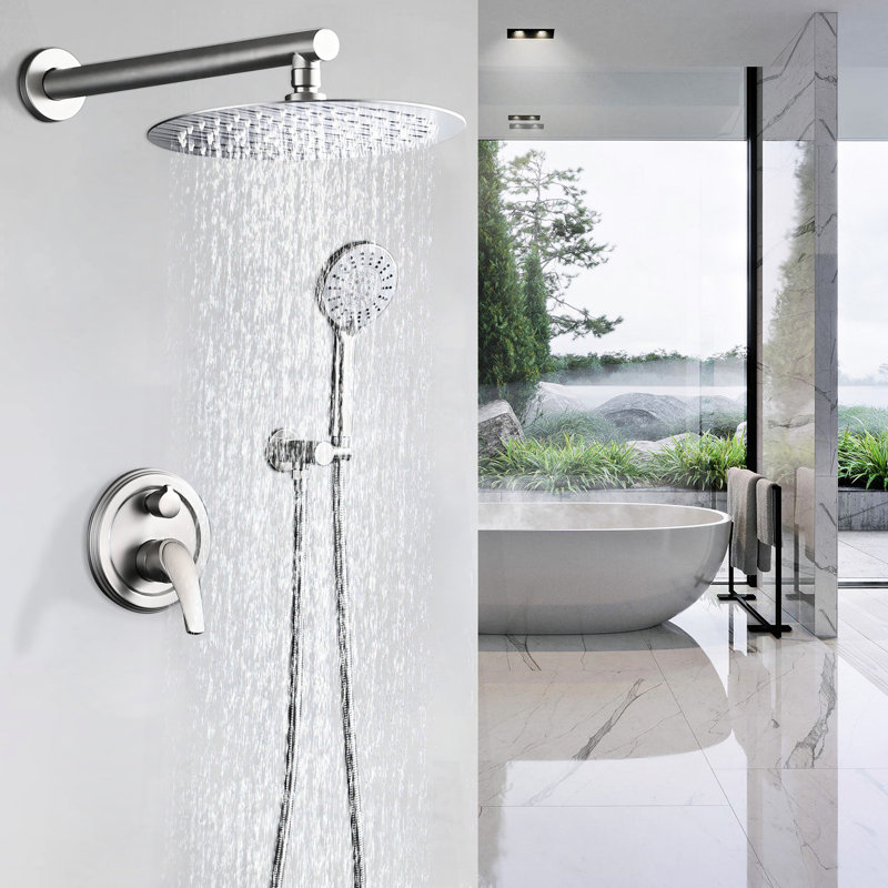 Douche avec tête de pluie haute murale de 10 pouces et 5 têtes de douche à main en acier inoxydable nickel brossé, fabrication