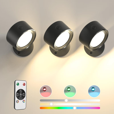 Lightbiz 3-Pack Cordless LED RGB Wall Sconces - 3000mAh Rechargeable Remote Dimmable 3 Color Temp Magnetic 360° Rotation