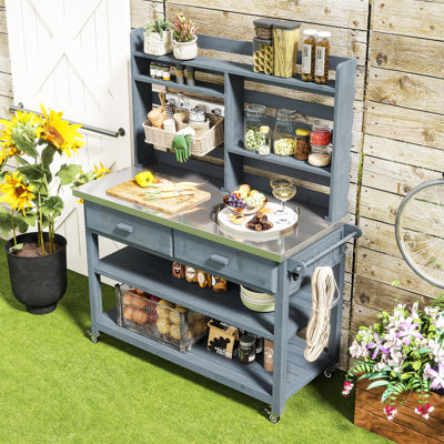 Outdoor Potting Bench Table with  Upper Hutch, Stainless Steel Top and Lockable Wheels