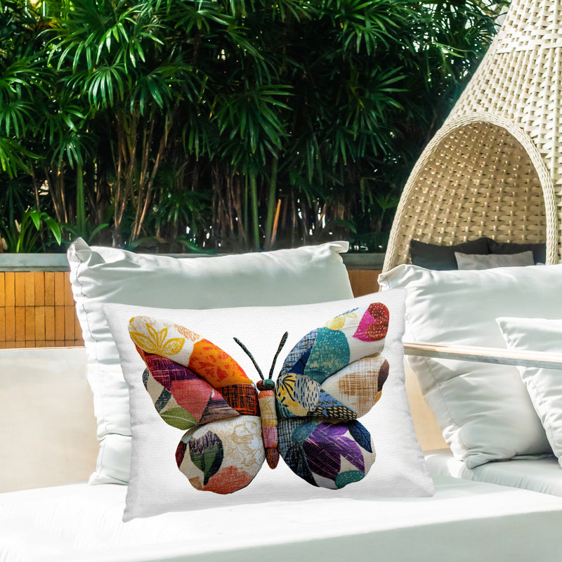 Butterfly Patchwork Wings Outdoor Printed Pillow design by Annabelle Hall, White/Green Butterfly