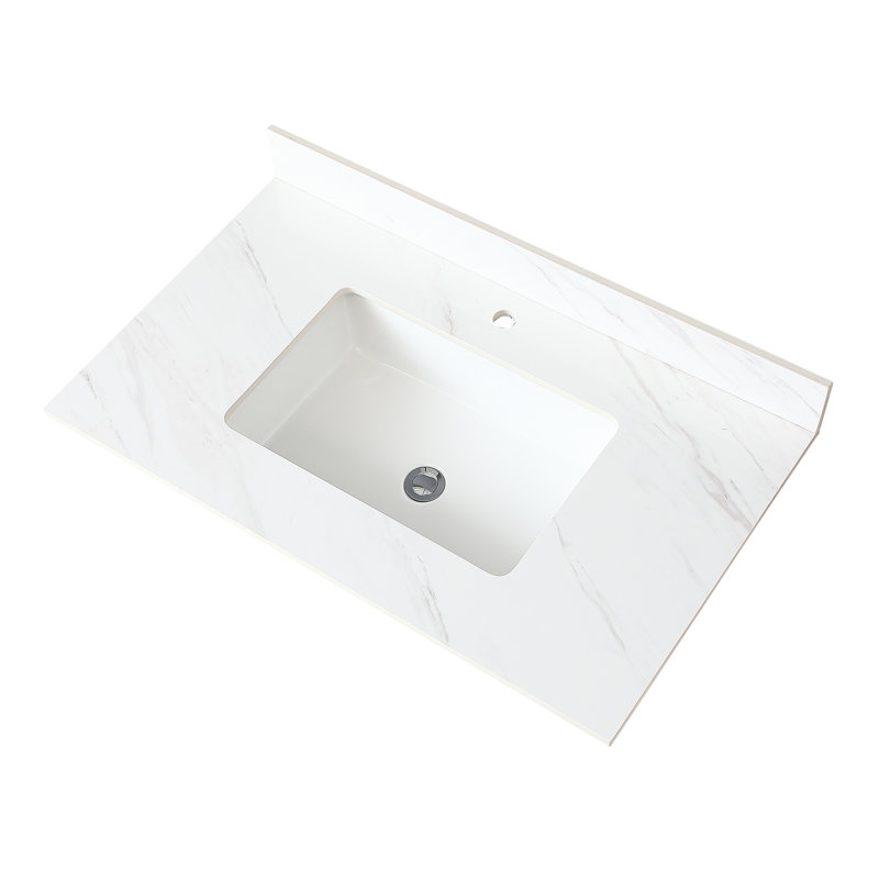 37 Inch Bathroom Sintered Stone Vanity Table Top With 4" Backsplash And Undermount Rectangular Basin Sink Table, White, 36"