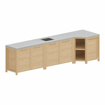 137.8" W Outdoor Kitchen Island with Sink Cutout, Large Patio BBQ Cabinet with Storage Shelves, Wood Grain Outdoor Bar Cabinet