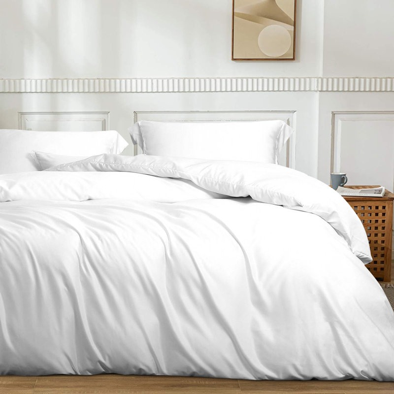 3 Pieces Duvet Cover Set, Satin Comforter Cover Set with Hidden Zipper Design - NTBAY, Queen Duvet Cover + 2 Shams, White