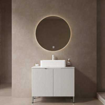 Meuble-lavabo de 30 po avec lavabo rectangulaire en céramique blanche, rangement à 2 portes, comptoir, conception à rayures françaises, fermeture en douceur, panneau de particules, évier sur pied, portes lustrées, style romantique, moderne