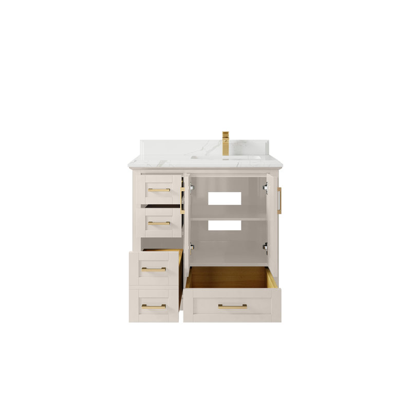 Boston 36 po X P 22 po D Meuble-lavabo de salle de bain décalé à droite en grain fin avec quartz Calacatta Laza