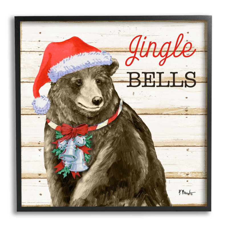 Rustic Jingle Bells Bear par Paul Brent, Giclée encadrée noir minuit, H 12 po x l 12 po x P 1,5 po