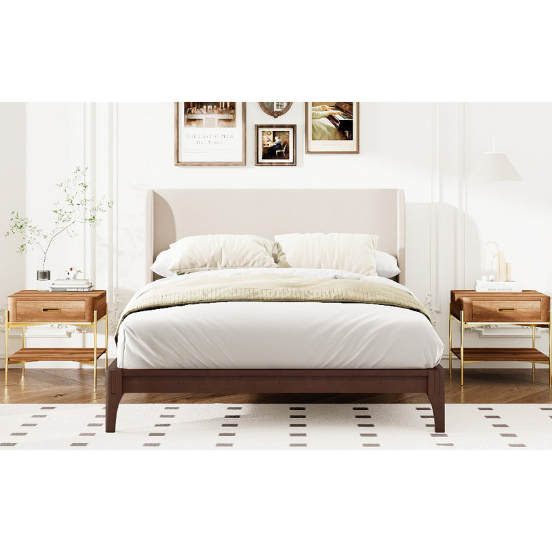 Lit plateforme solide en bois de bambou sec de 12 pouces avec tête de lit tapissier haute de 48 po, Chocolat