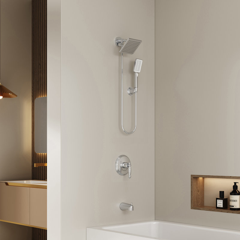 Stainless Steel Wall Mounted Rectangular Rain Shower Head Set With Handheld Shower, Polished Chrome
