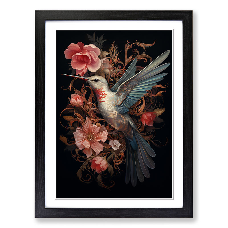 Hummingbird Baroque - Single Picture Frame Print on Wood, Black, 46cm H x 34cm W x 2cm D