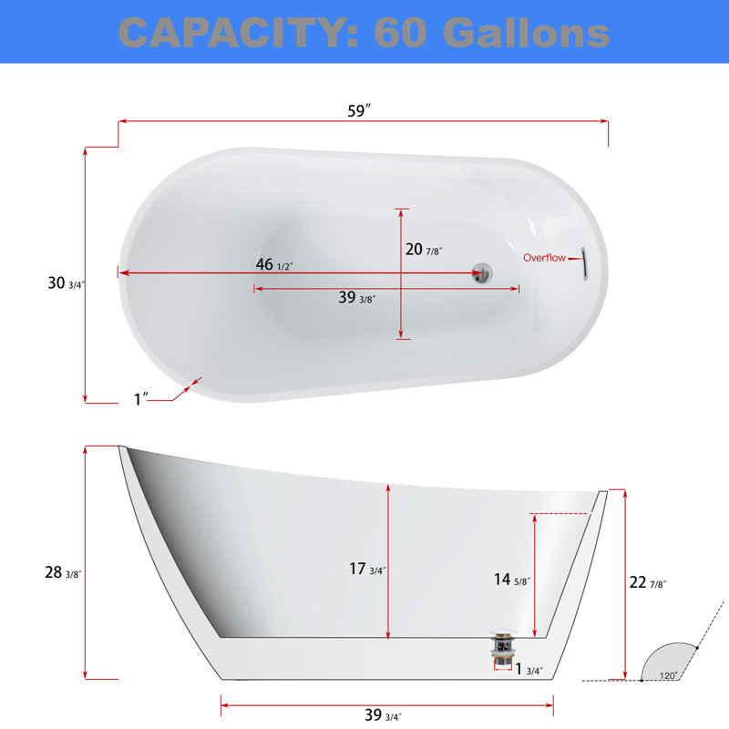 59" x 28" Freestanding Soaking Acrylic Bathtub