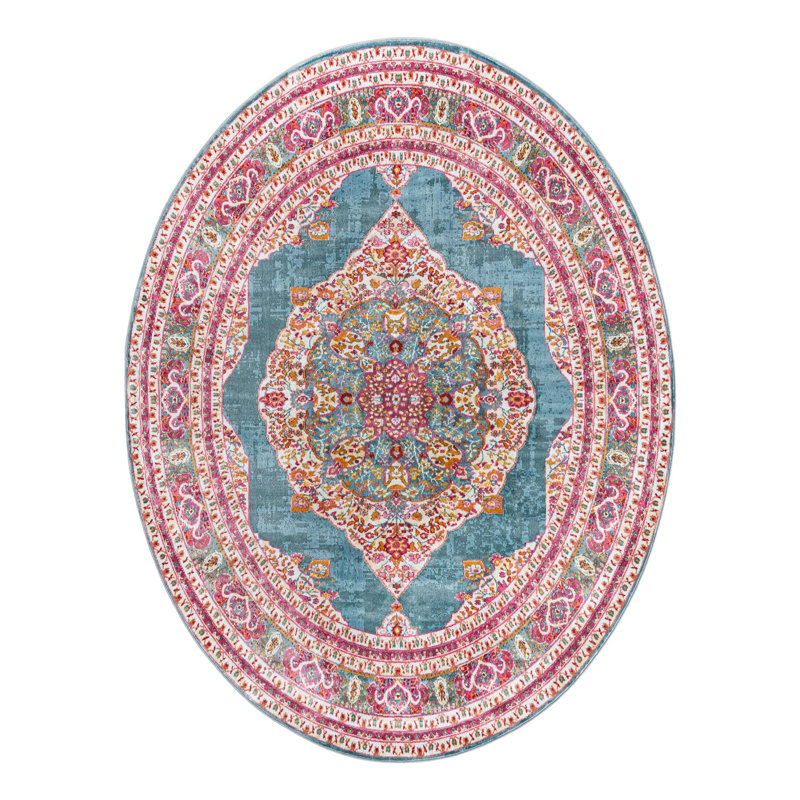 Tapis à motif oriental turquoise Folmar, Ovale 7 pi 10 po x 10 pi