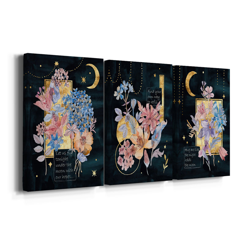 Moonlight Flowers I - Toile tendue avec châssis sur mesure - 3 pièces, H 36 po x l 72 po