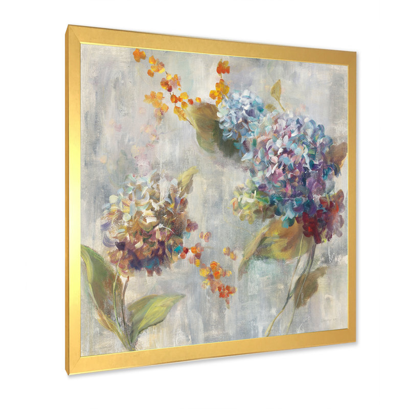 Automne hortensia - reproduction de cadre photo sur toile, Cadre doré, H 30 po x l 30 po x P 1 po