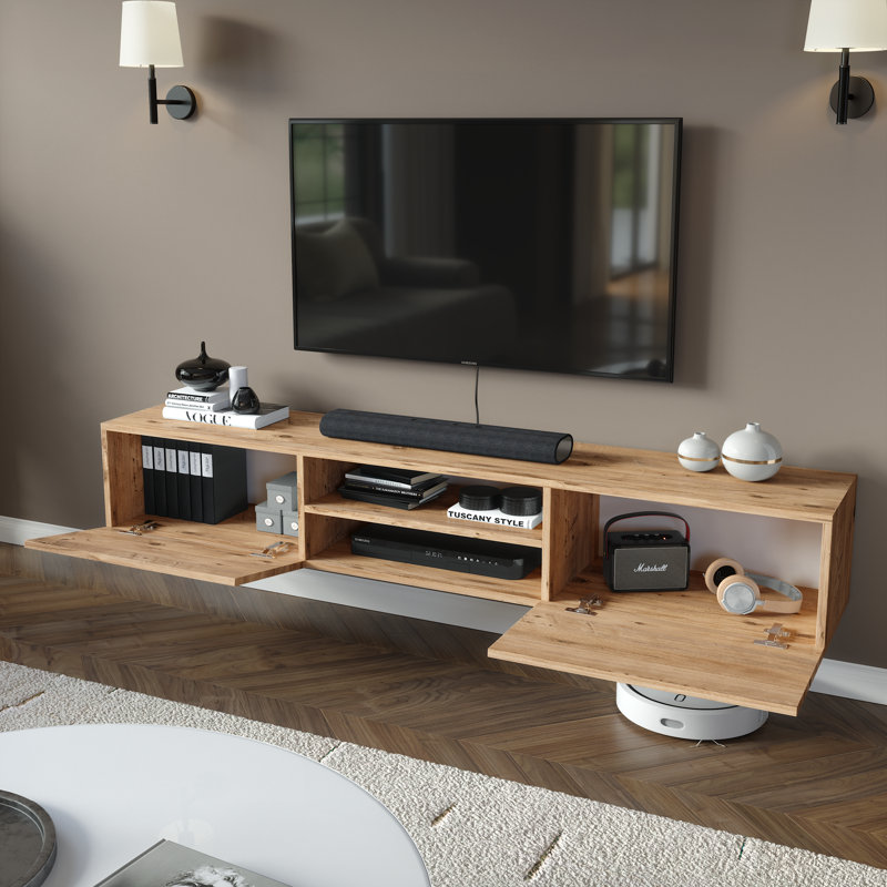 Plemons Floating Tv Stand Up To 80" Tvs Wall Mount Media Console, Oak Wood 