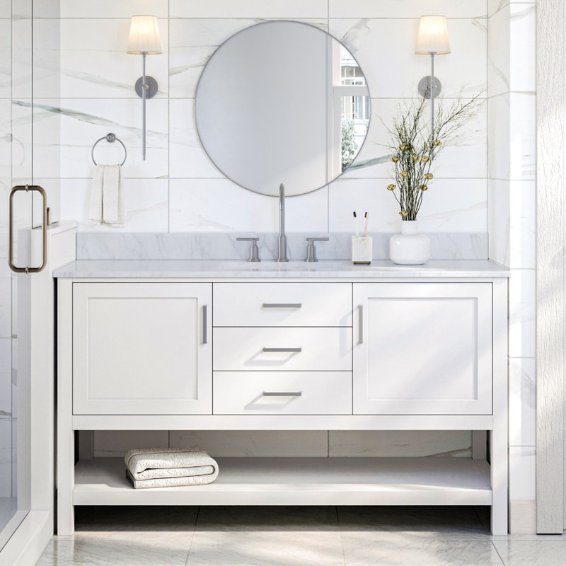 61'' Single Bathroom Vanity with Carrara Marble Top, White