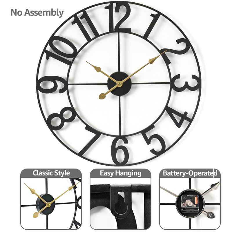Oversized Black Metal Analog Wall Clock with Arabic Numerals