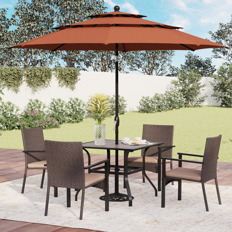 Ensemble repas carré pour patio avec parasol et coussins 4 personnes, Rouge