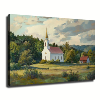 Peinture à l'huile grand format sur toile tendue représentant une église blanche dans un paysage de prairie verte, idéale pour le salon ou la chambre. Cette œuvre d'art est imprimée sur un châssis entoilé et prête à être accrochée au mur.