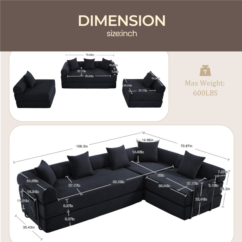 Canapé-lit convertible pliant, avec structure fixe et main courante avec coussin, canapé-lit pliant en velours côtelé Cloud, lit en mousse à mémoire de forme pliable dans le salon / dortoir / chambre d'amis / bureau personnel / appt