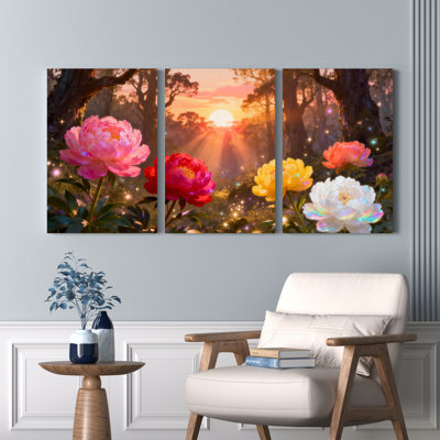 Peony Flowers Sunset Forest Canvas Wrapped Wall Art Set Of 3