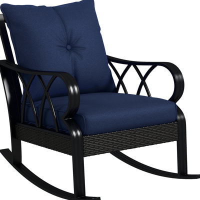 Fauteuil à bascule en aluminium avec coussins bleu marine. Des détails raffinés pour un extérieur élégant. Rembourrage confortable. Conception et finitions soignées. Confort élégant pour votre terrasse ou jardin.