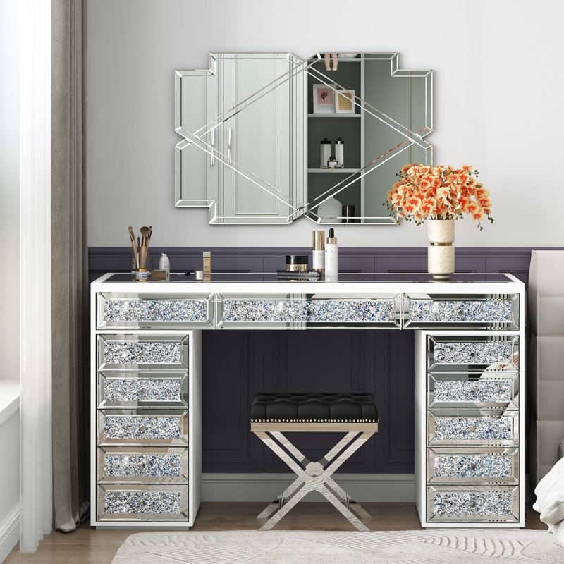 Mirrored Vanity Table 13-Drawer Faux-diamond Inlay, White