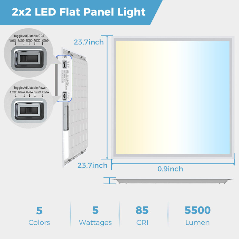 2 Pack 2x2 LED Flat Panel Light, 5 CCT Selectable (3000K-6500K), 5 Wattage (30-50W), 5500Lm, 0-10V Dimmable, 120-277V, Drop Ceiling Light for Commercial & Home