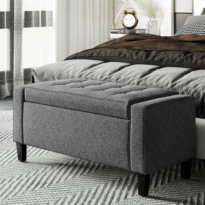 Banc de rangement rembourré en lin de couleur grise pour le salon, avec plateau relevable et bouton multifonctionnel comme repose-pieds, lit abondant