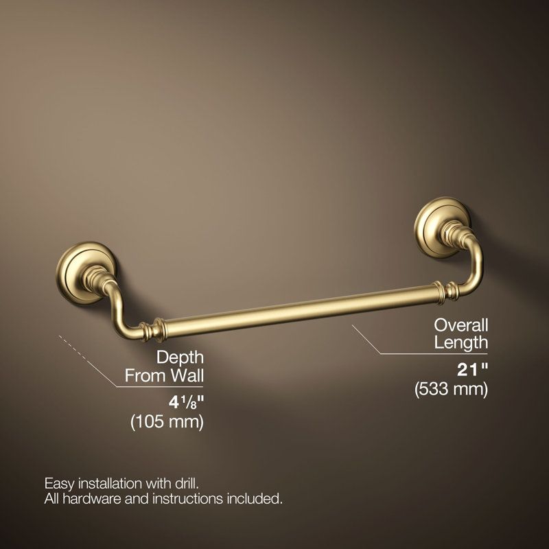 Artifacts® Wall Mounted Towel Bar, 3" H x 21" W x 3.5" D, Vibrant Brushed Moderne Brass