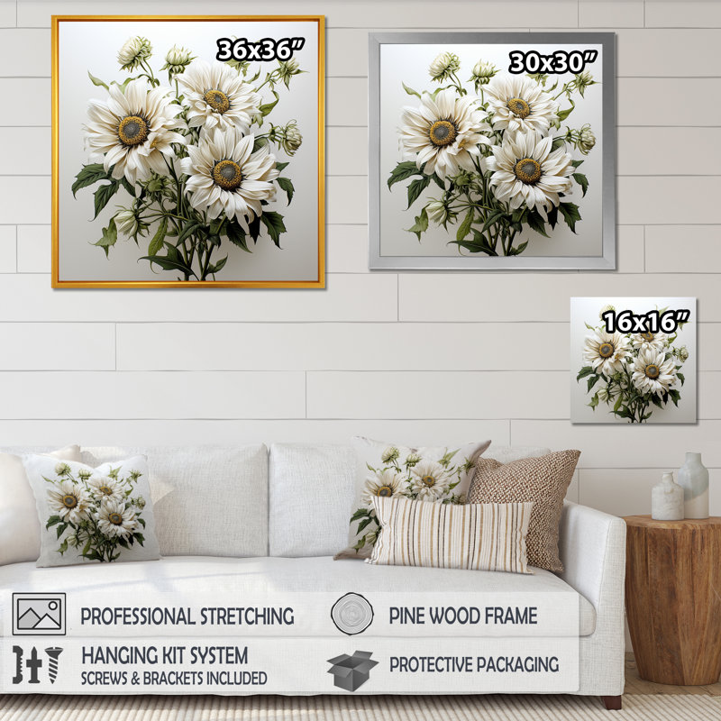 «Gray and Green Sunflowers Blooming», reproduction sur toile encadrée, Cadre simple noir, H 16 po x l 16 po x P 1 po