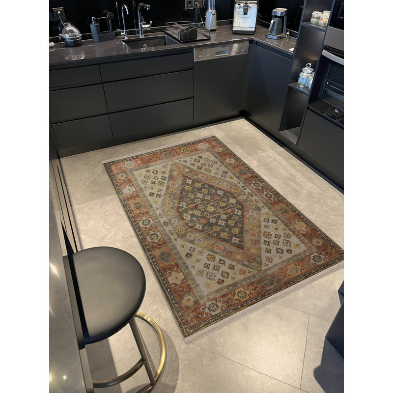Tapis décoratif rétro à motif traditionnel beige, Rectangle 4 pi 11,06 po x 9 pi 10,11 po