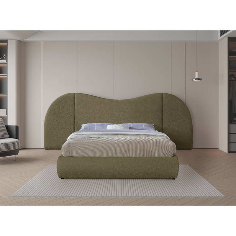 Hyrup Upholstered Panel Bed, King, Olive Green Boucle Fabric