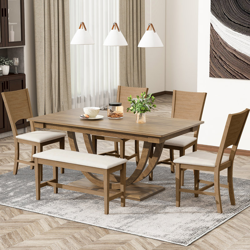 Ensemble de table de salle à manger en bois 6 pièces, ensemble de table de cuisine avec un banc et 4 chaises, Brown, Brown