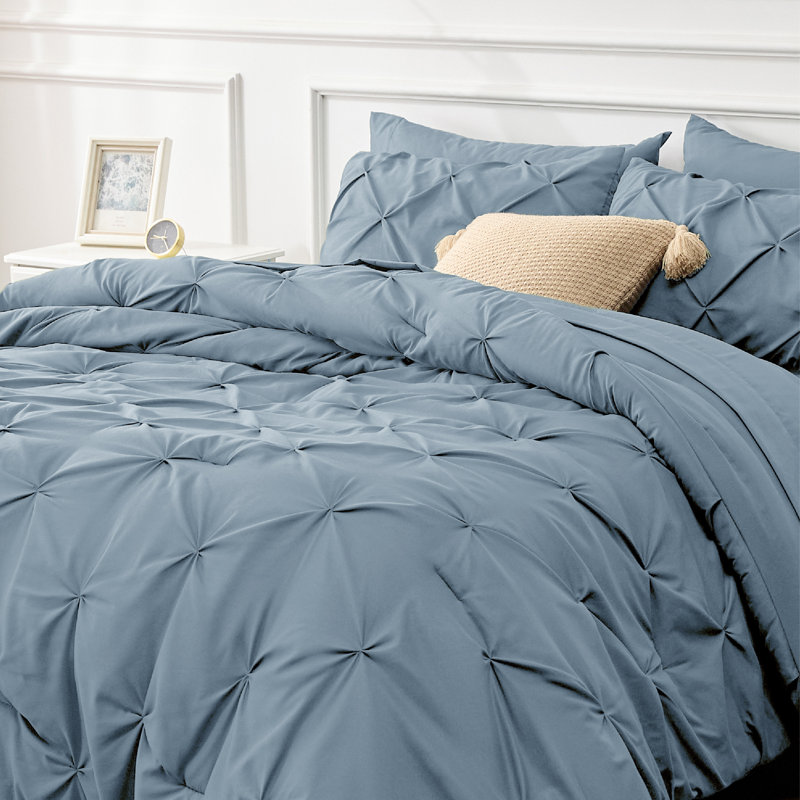 Bedsure Queen Burgundy Pintuck Bed-in-a-Bag - Mineral Blue Pinch Pleat Comforter Set with Sheets, Pillowcases & Shams (Set of 7)