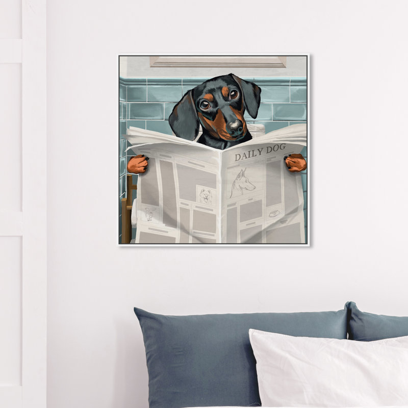 «Occupied Bathroom Doxie - impression d'art graphique, H 30 po x l 30 po x P 1,5 po, Cadre blanc