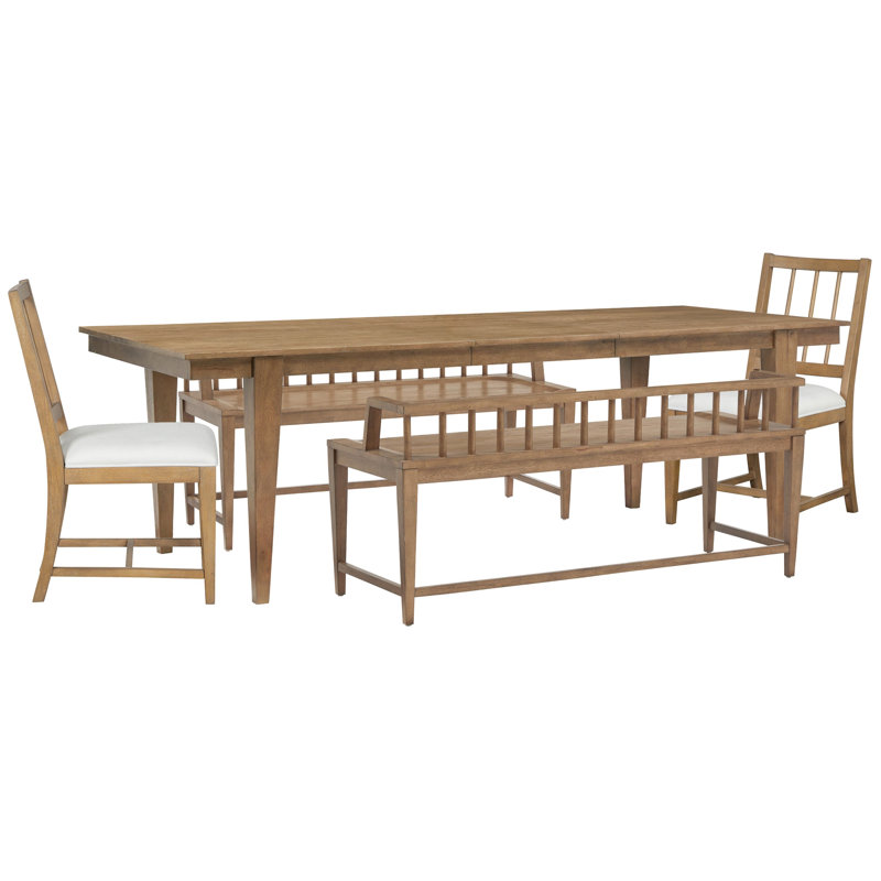 Extendable Rectangular Dining Table With 2 Arm Benches And 2 White Side Chairs, 5 Pcs: Table, 2 Benches, 2 Chairs, White